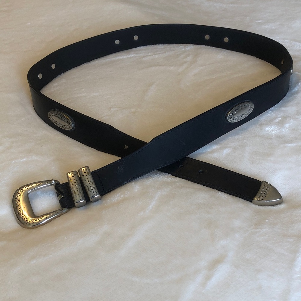 Genuine Black Leather Belt with Decorative Silver Conchas, Buckle, & Keepers, 38 - Picture 5 of 8